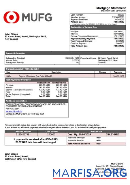 Printable New Zealand MUFG Bank mortgage statement Word and PDF template